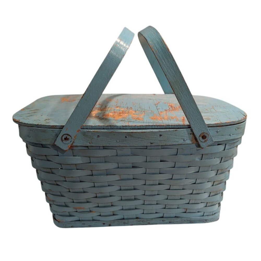 Vintage Blue Painted Picnic Basket Lid Handles Sewing storage decor